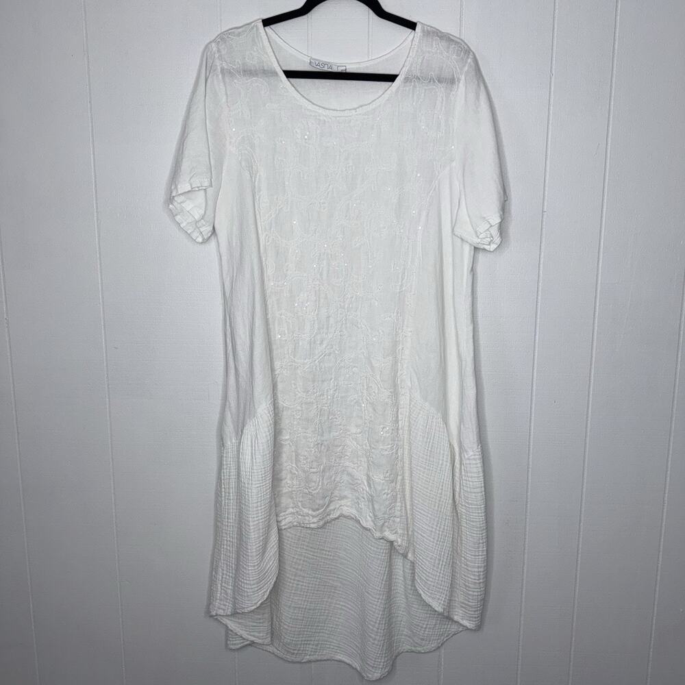 Vasna Women’s Linen Gauze Embroidered Sequin Dress High Low Hem White Size M